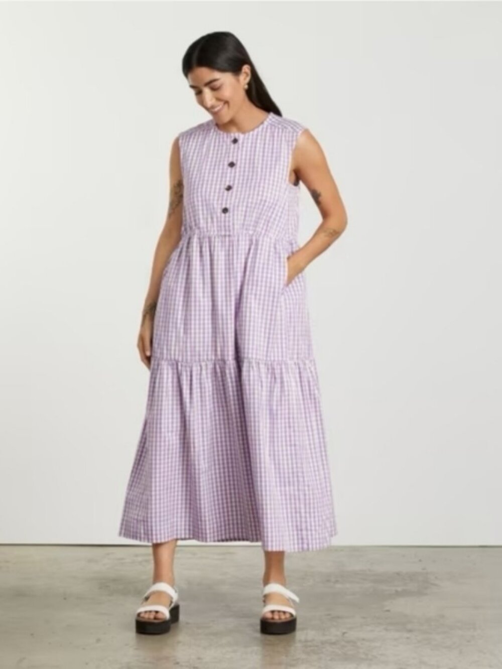 Everlane Gingham Checked Purple Cotton Dress Size Extra Small